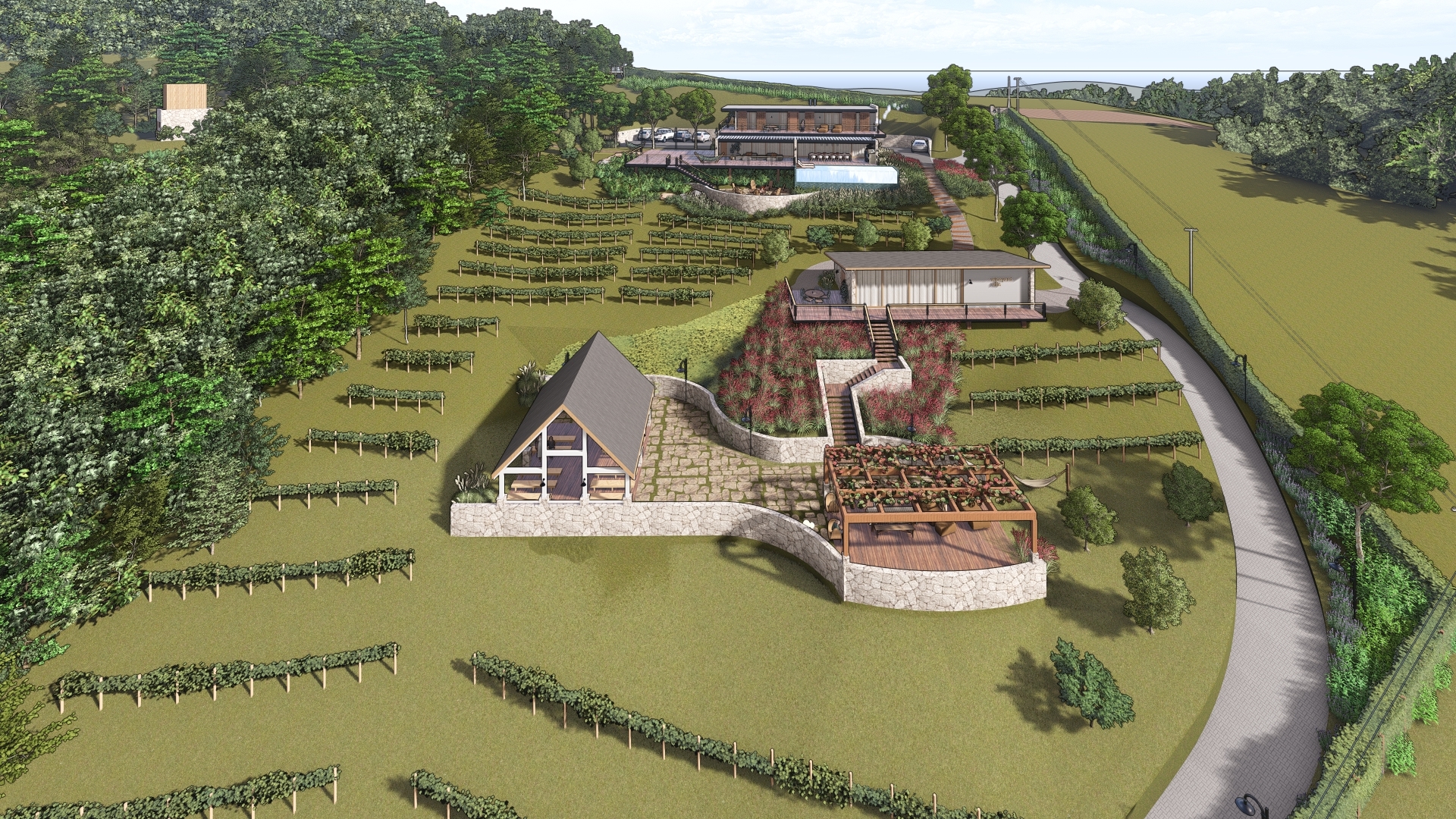 Wineyard Villa - hospedagem principal Vista do complexo casa, vinícola e capela para hospedagem do projeto Wineyard Villa da LEIVA Arquitetura Rural