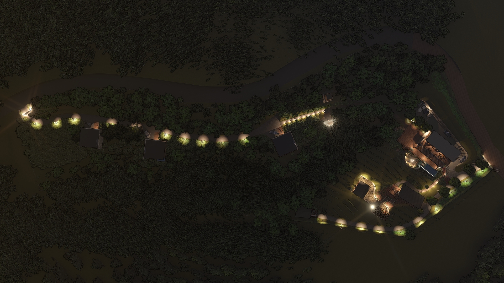 Wineyard Villa - vista aérea noturna Vista área noturna de todo o projeto Wineyard Villa da LEIVA Arquitetura Rural