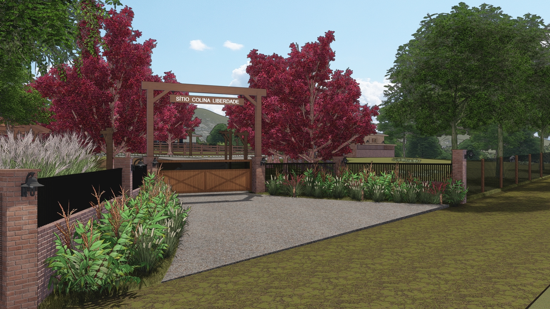 Sítio Colina Liberdade - porteira Porteira do projeto Sítio Colina Liberdade da LEIVA Arquitetura Rural