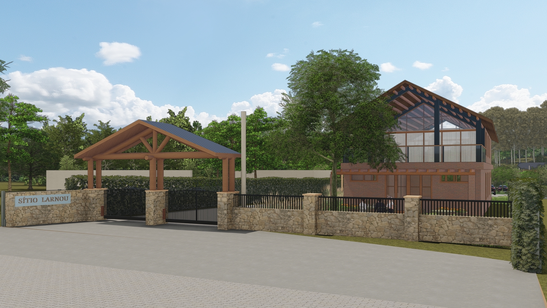 Sítio Larnou - porteira Porteira do projeto Sítio Larnou da LEIVA Arquitetura Rural