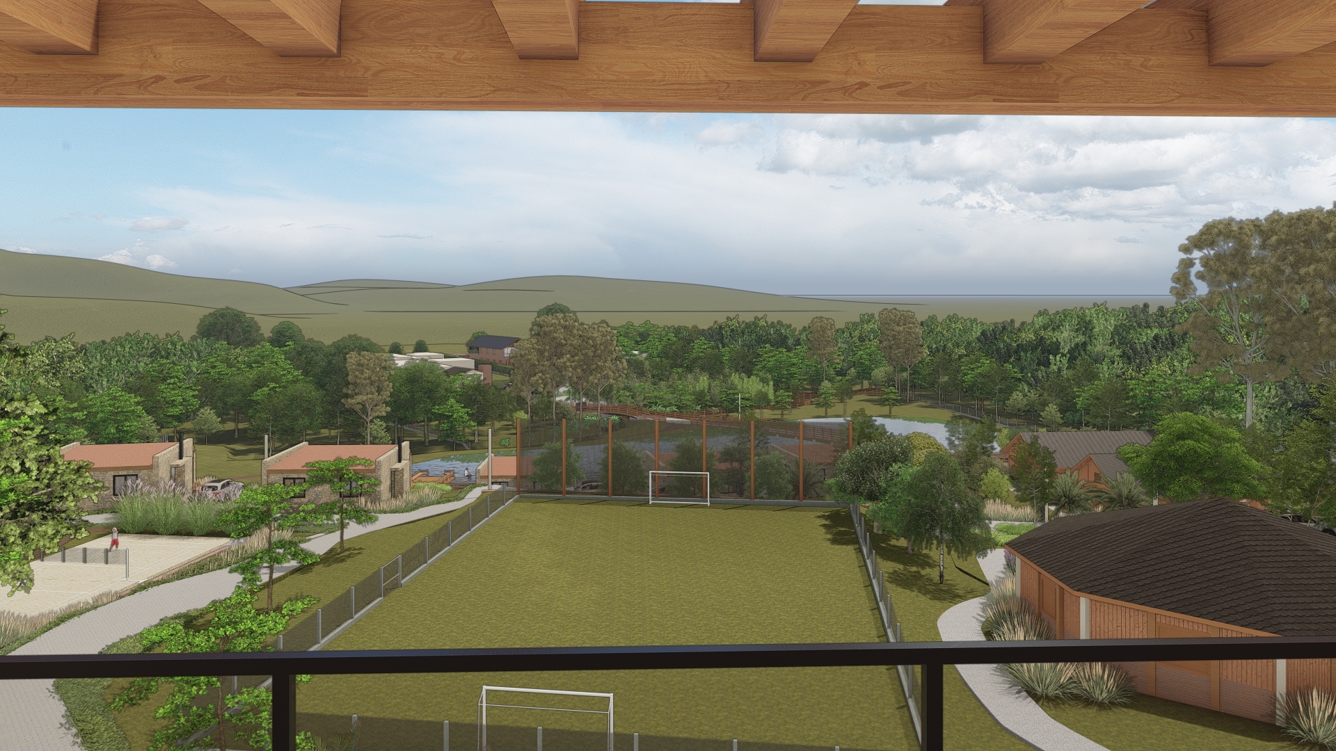 Sítio Larnou - campo de futebol Vista da casa principal para o campo de futebol do projeto Sítio Larnou da LEIVA Arquitetura Rural