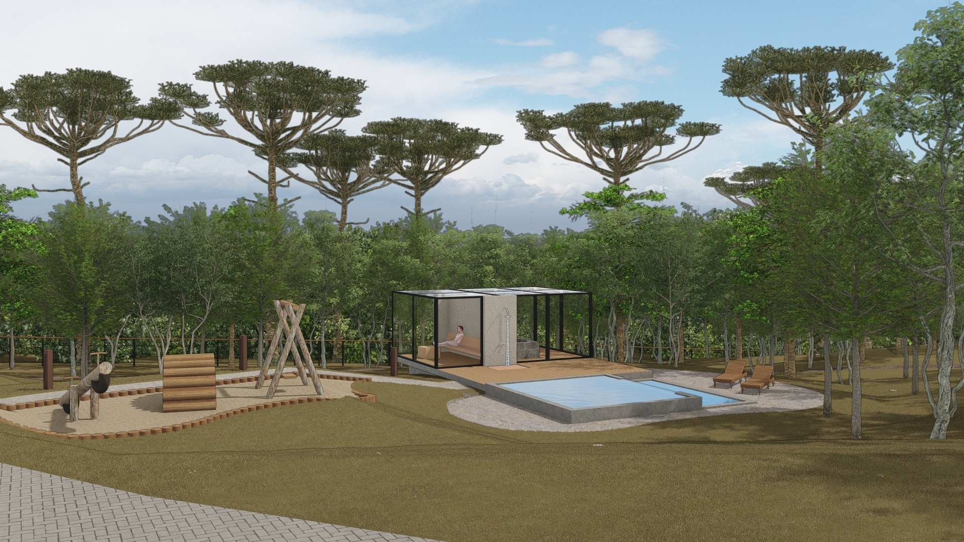 Sítio Roveda - playground e piscina Área externa da casa principal do projeto Sítio Roveda da LEIVA Arquitetura Rural