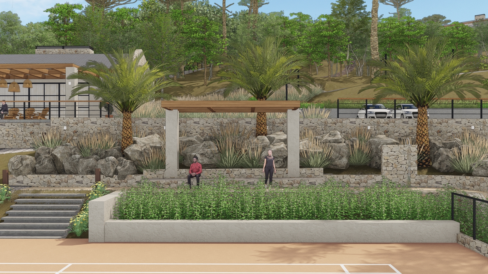 Sítio Roveda - arquibancada Arquibancada da quadra de tênis do projeto Sítio Roveda da LEIVA Arquitetura Rural